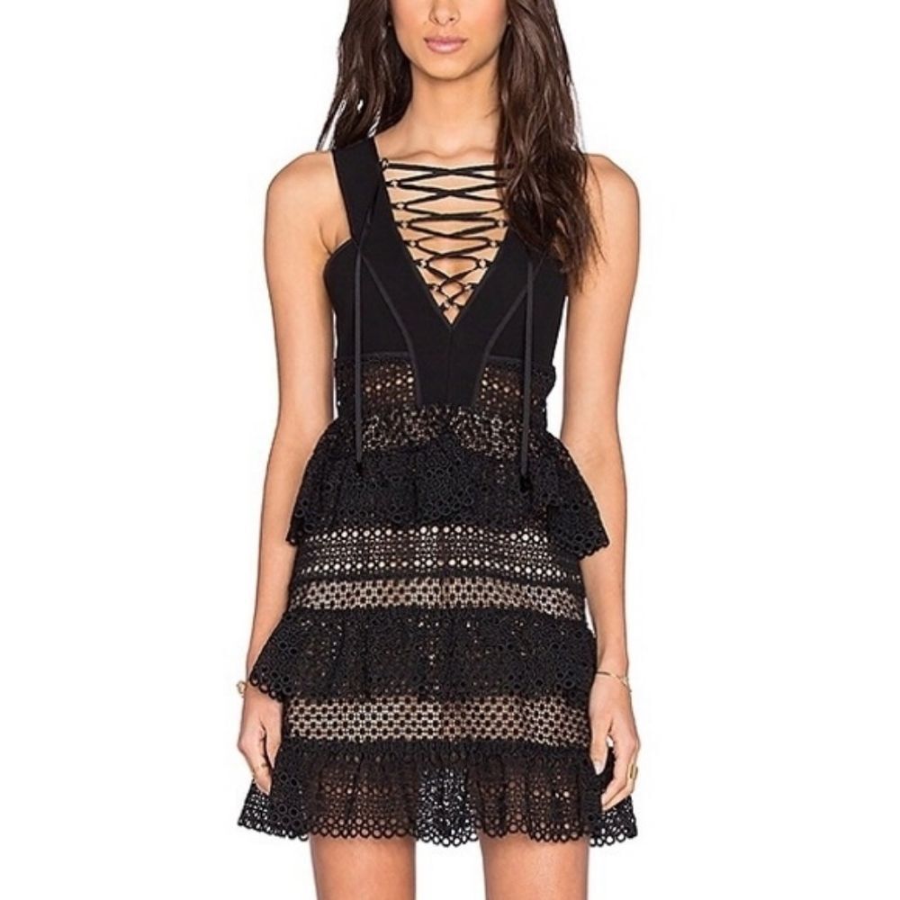 Self-Portrait Black Guipere LaceTiered Lace-Up Mini Dress Edgy Grunge Whimsigoth